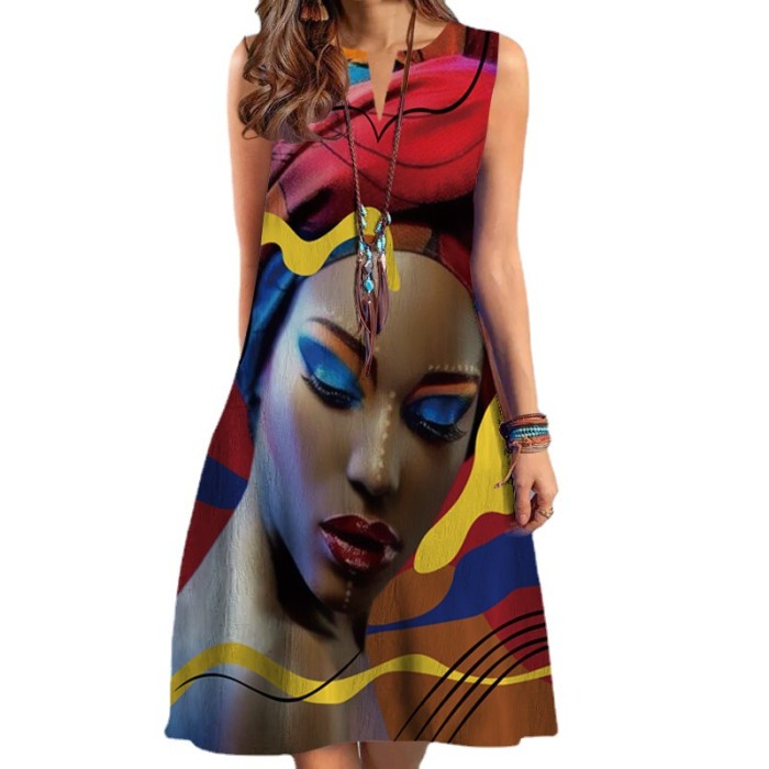Fashion Print V -neck Loose Sleeveless Casual Dress