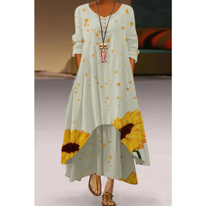 Casual Elegant Long Sleeve Fashion Floral Loose O-Neck Maxi Dress