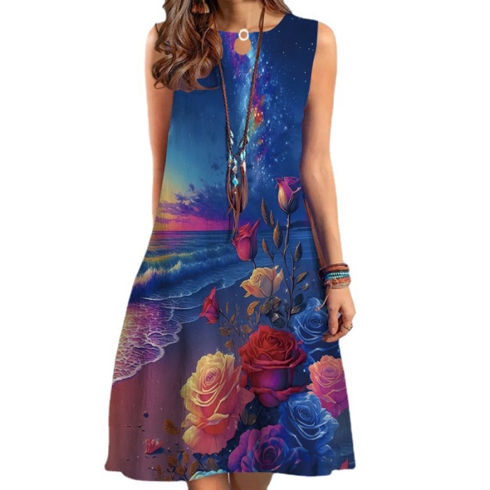 Summer Ladies Printed Round Neck Casual Sleeveless Dress