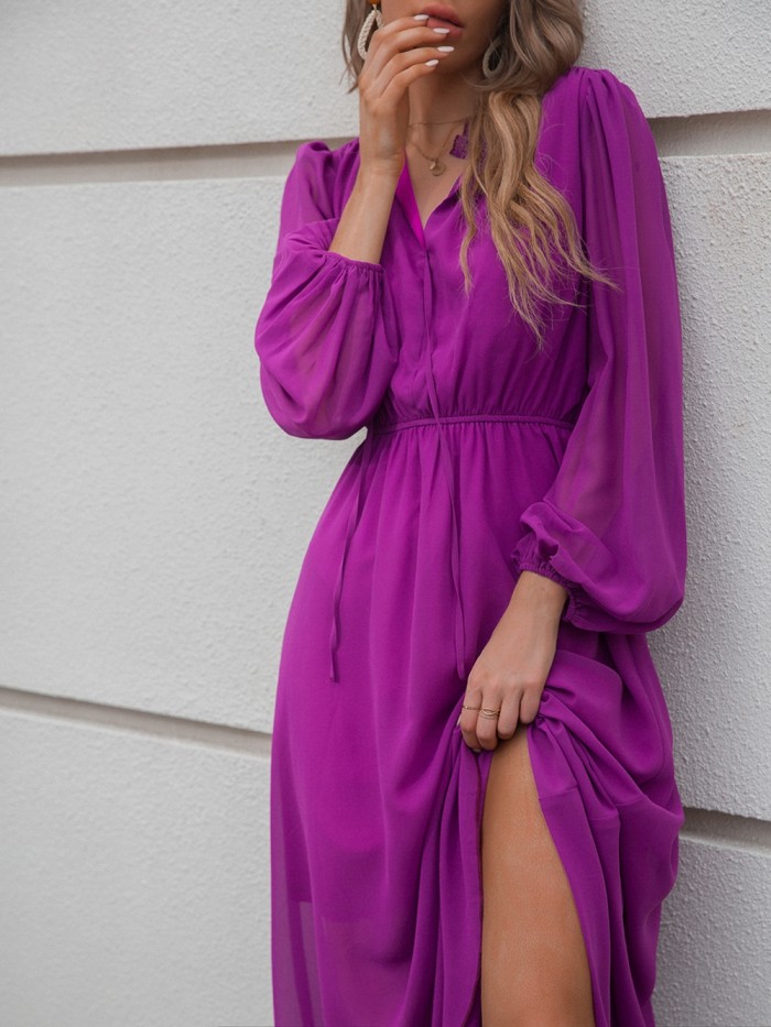 V Neck Solid Color Long Sleeves High Waist Fashionable Casual  Maxi Dress