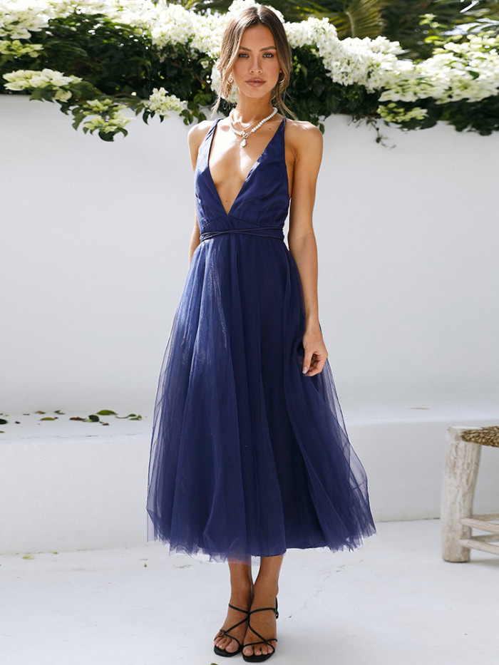 Women's Fashion Luxury Elegant Sexy Mesh Backless Wedding Guest Dress