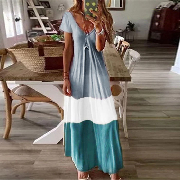 Sexy V Neck Retro Gradient Tie Dye Bohemian Casual Loose Beach Party Maxi Dress