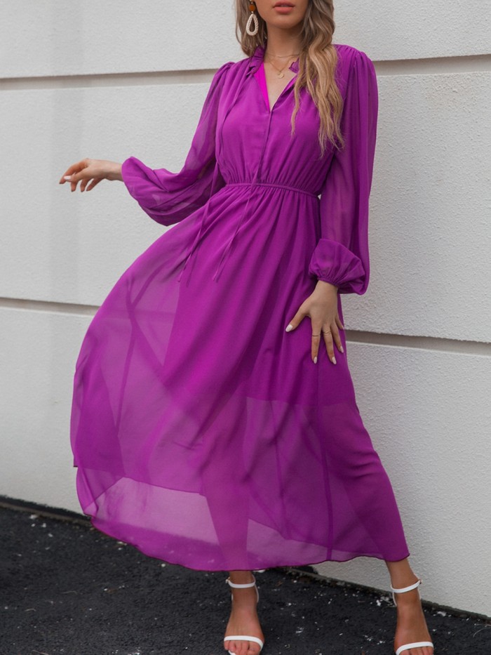 V Neck Solid Color Long Sleeves High Waist Fashionable Casual  Maxi Dress