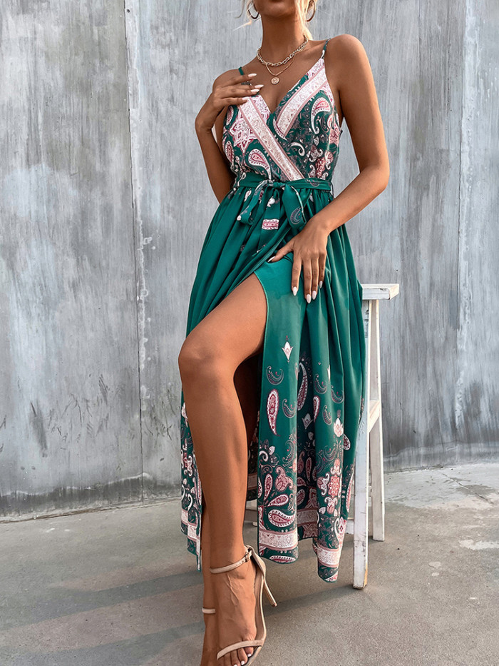 Summer Fashion Sexy V Neck Sleeveless Backless Boho Vintage Casual  Maxi Dress