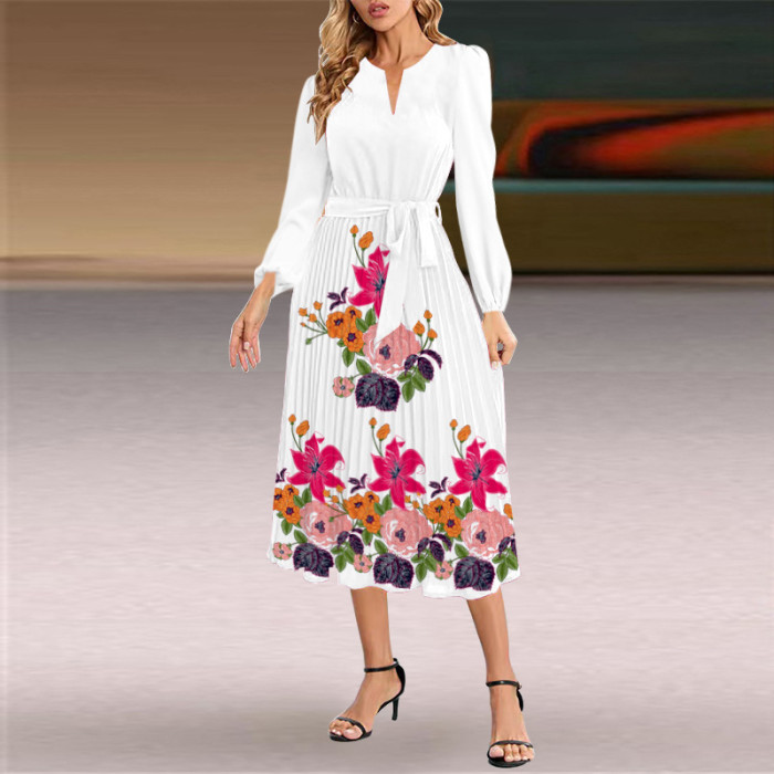 Fashion Long Sleeve Slim Pleated V-Neck A-Line  Wedding Guest Dress