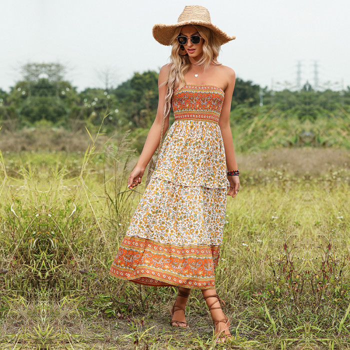 Summer Ethnic Style Ruffle Print Bohemian Tube Top Sexy  Maxi Dress