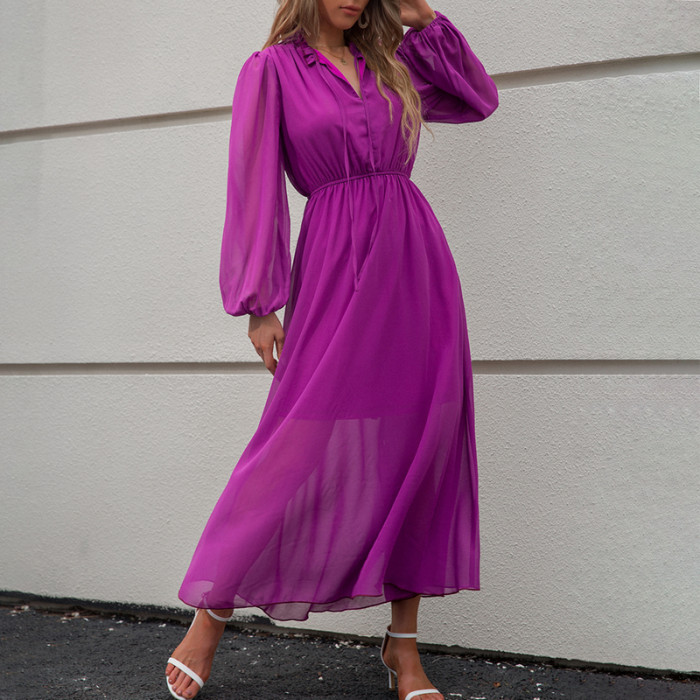 V Neck Solid Color Long Sleeves High Waist Fashionable Casual  Maxi Dress