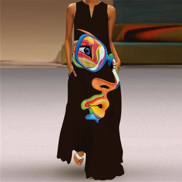 Fashion Printing V Neck Sleeveless Sexy Casual Maxi Dress