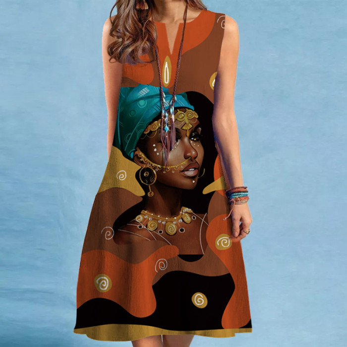 Fashion Print V -neck Loose Sleeveless Casual Dress