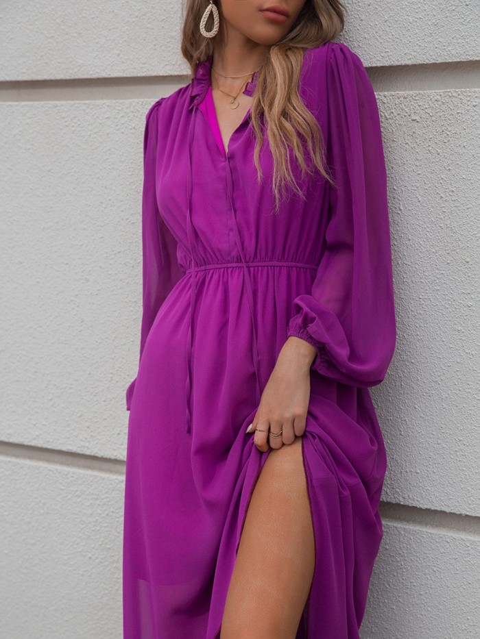 V Neck Solid Color Long Sleeves High Waist Fashionable Casual  Maxi Dress