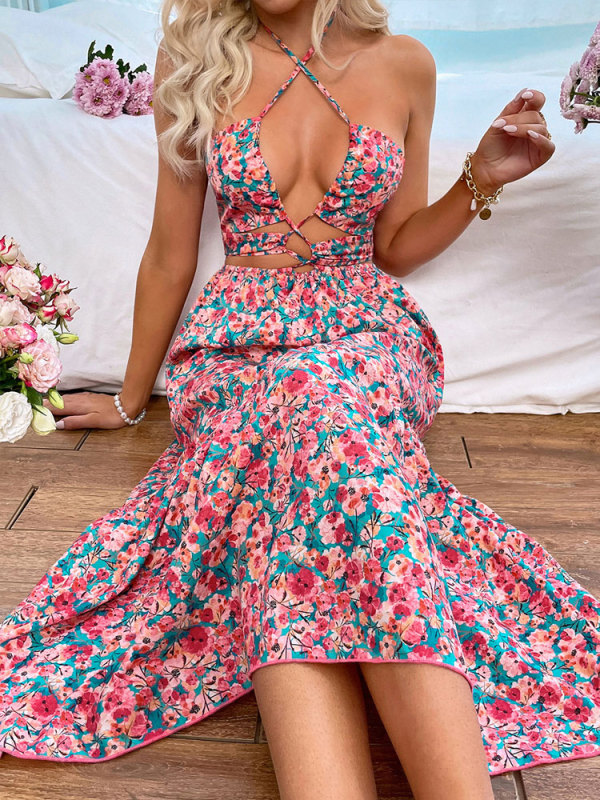 Sexy Printed Beach Vacation High Waist A-Line Sexy Backless  Wedding Guest Dress