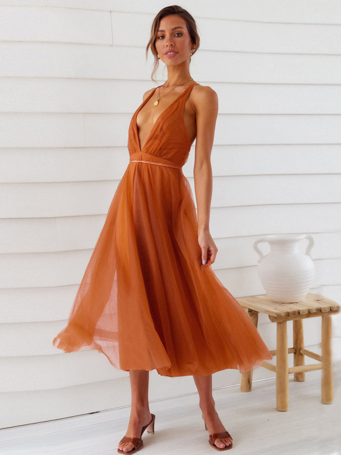 Women's Fashion Luxury Elegant Sexy Mesh Backless Wedding Guest Dress