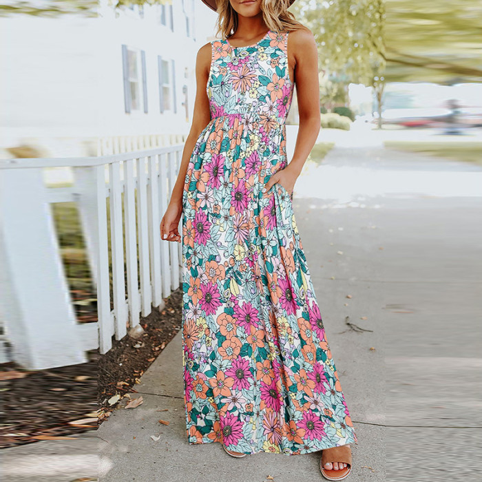 Summer New High Waist Casual Floral Printed Round Neck Maxi Dress