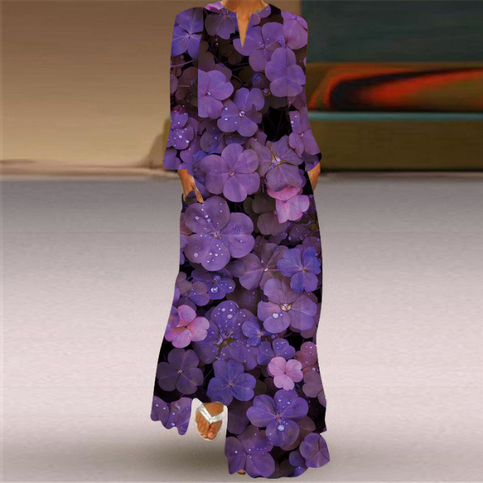 Women's Fashion Sexy Printed Long Sleeve V Neck  Wedding Guest Dress