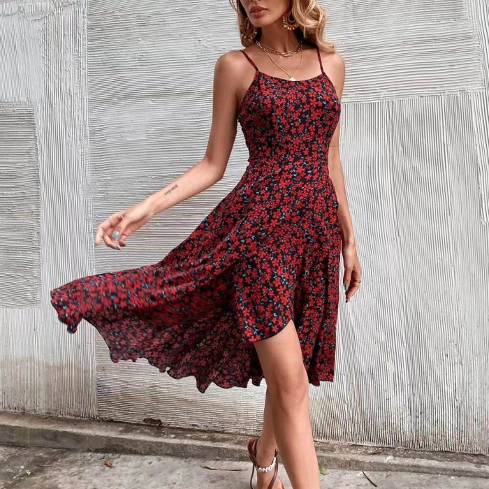 Women's Boho Print High Waist Tie Casual Dress