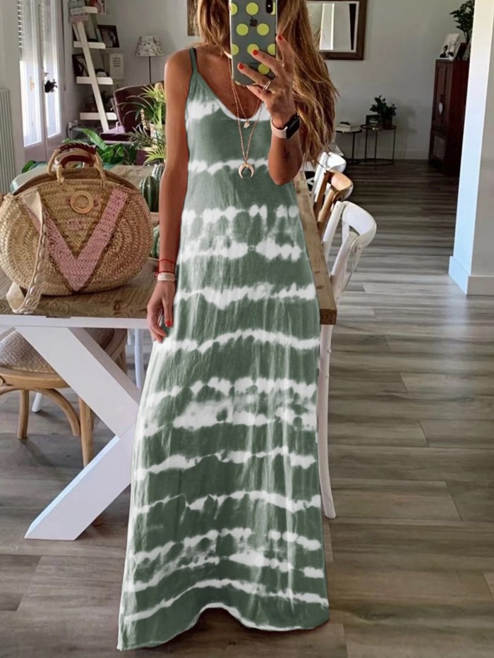 Sexy V Neck Retro Gradient Tie Dye Bohemian Casual Loose Beach Party Maxi Dress