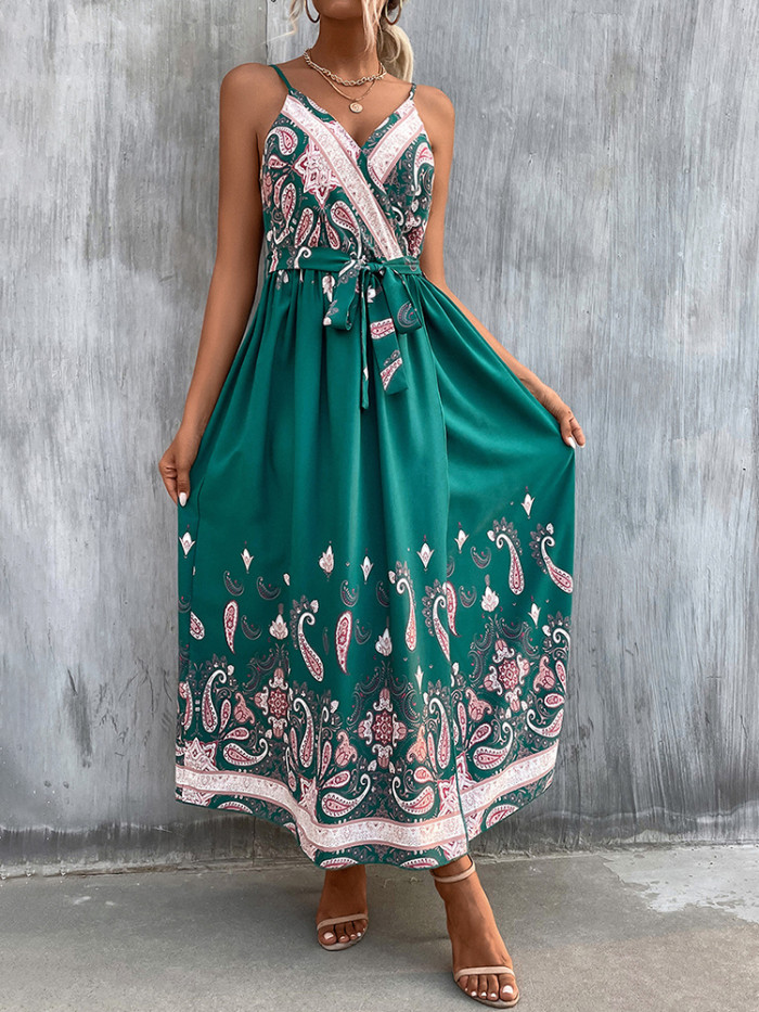Summer Fashion Sexy V Neck Sleeveless Backless Boho Vintage Casual  Maxi Dress