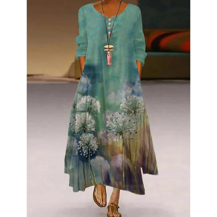 Casual Elegant Long Sleeve Fashion Floral Loose O-Neck Maxi Dress