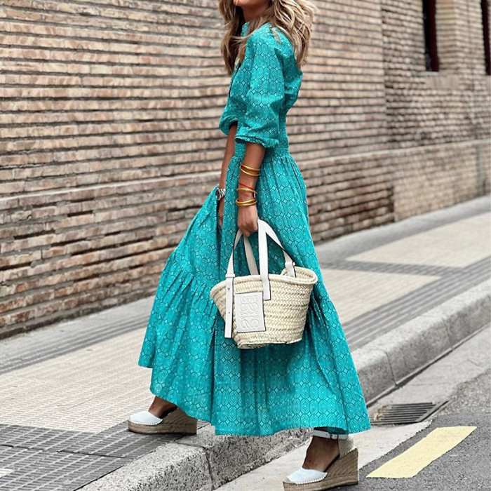 Elegant High Waist Pleated Print Casual Fashion Big Swing Beach Maxi Dress