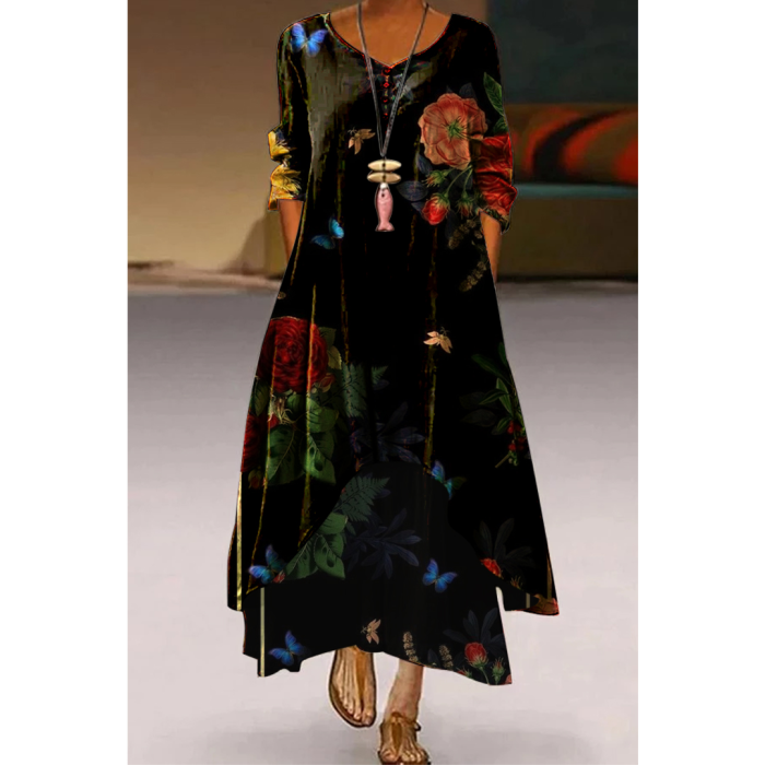Casual Elegant Long Sleeve Fashion Floral Loose O-Neck Maxi Dress