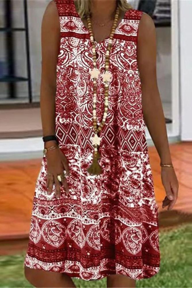 Sleeveless V Neck Elegant Loose Print Retro Boho Print Casual Dress