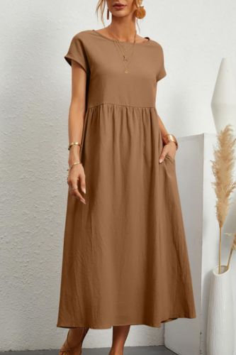 Women's Retro Solid Color Elegant O-Neck Cotton Linen Casual Loose Dress