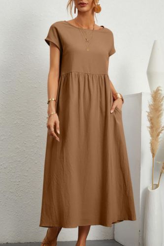 Women's Retro Solid Color Elegant O-Neck Cotton Linen Casual Loose Dress