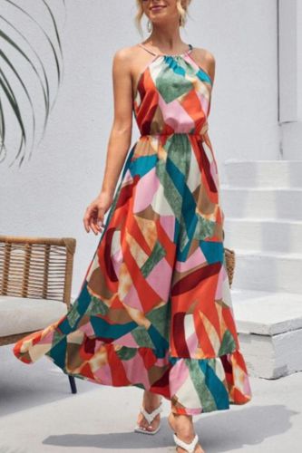 Fashion Resort Style Printed Beach Sleeveless Backless Elegant  Maxi Dress