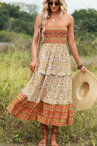 Summer Ethnic Style Ruffle Print Bohemian Tube Top Sexy  Maxi Dress