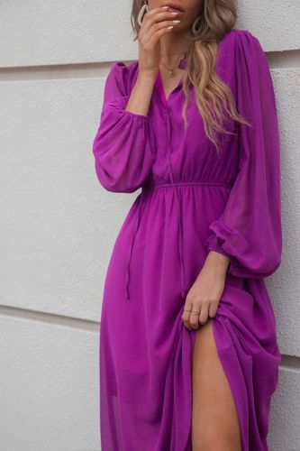 V Neck Solid Color Long Sleeves High Waist Fashionable Casual  Maxi Dress