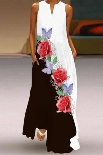 Fashion Printing V Neck Sleeveless Sexy Casual Maxi Dress