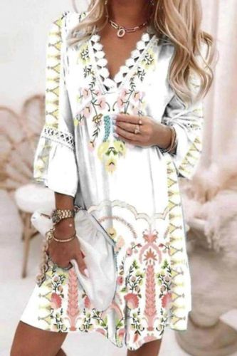 V Neck Embroidered Lace Boho Elegant Print Casual Beach Dress