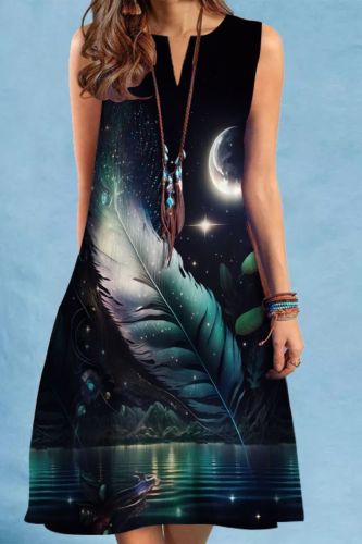 Retro Print V-Neck Multicolor Sexy Sleeveless Mid Length Casual Dress