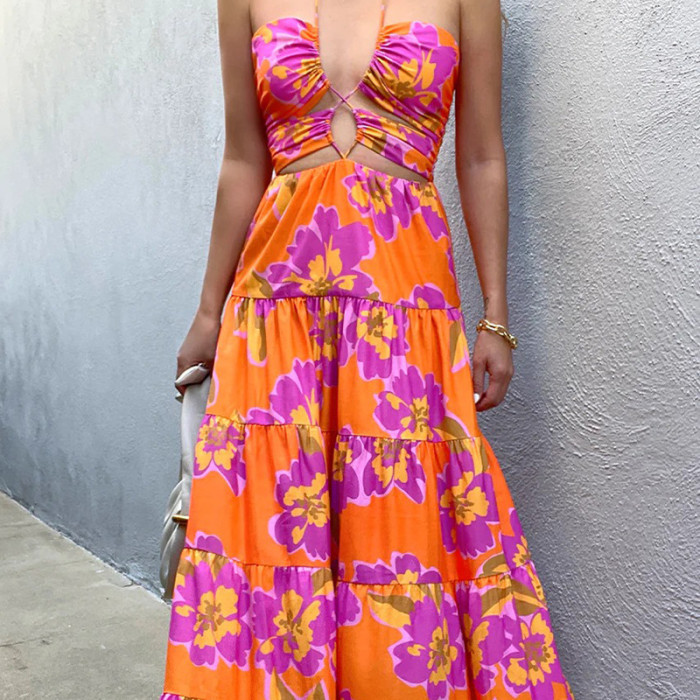 Elegant and simple printed suspender loose swing dress