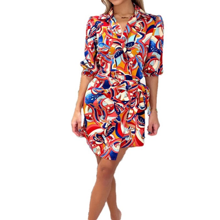 Women Fashion Print Shirt Collar Tie Short Casual Dress