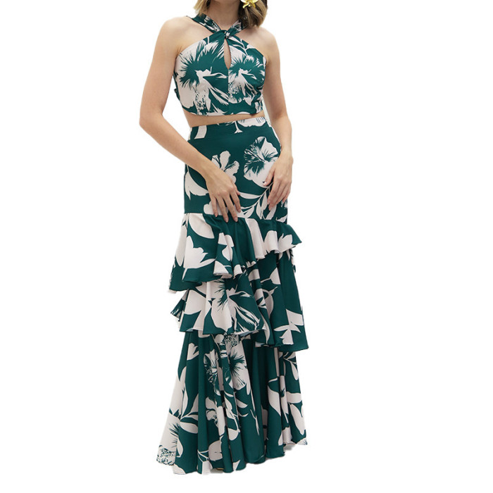 Women's Fashion Printed Navel Halter Top Long Skirt Two-Piece Set Wedding Guest Dress