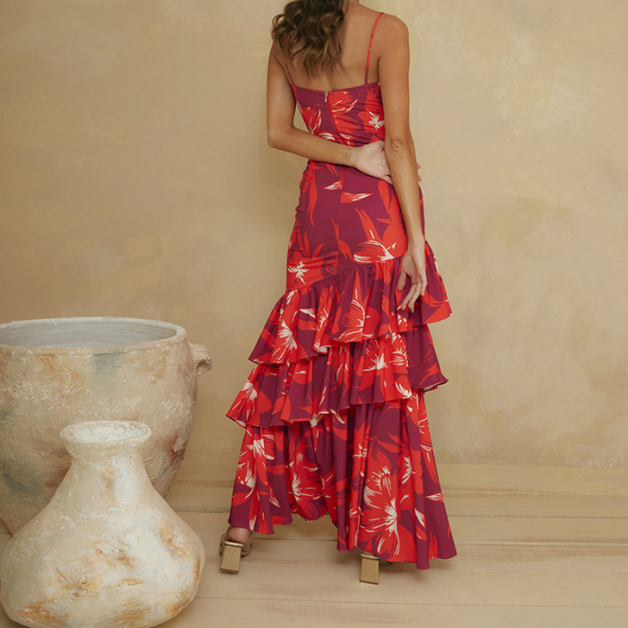 Women Fashion Print Sexy Camisole Casual Ruffle Wedding Guest Dress