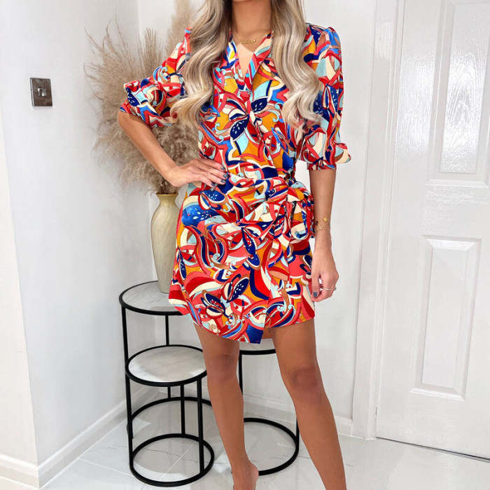 Women Fashion Print Shirt Collar Tie Short Casual Dress