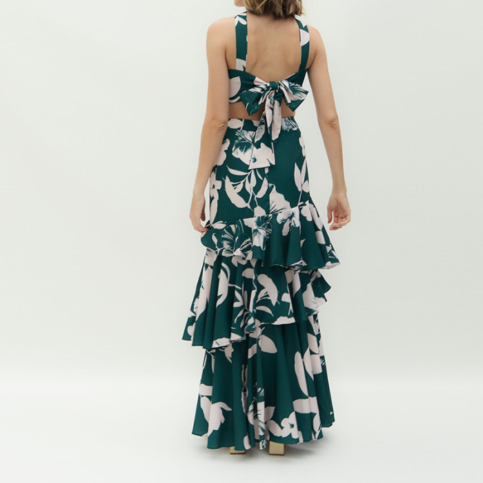 Women's Fashion Printed Navel Halter Top Long Skirt Two-Piece Set Wedding Guest Dress