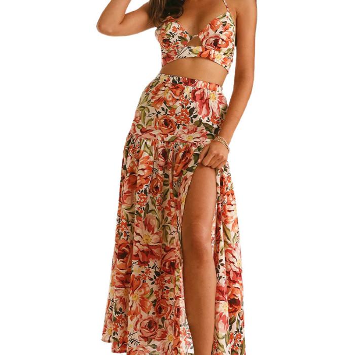 Printed V-neck Sexy Suspenders Folded Sexy Bohemian Suit Wedding Guest Dress