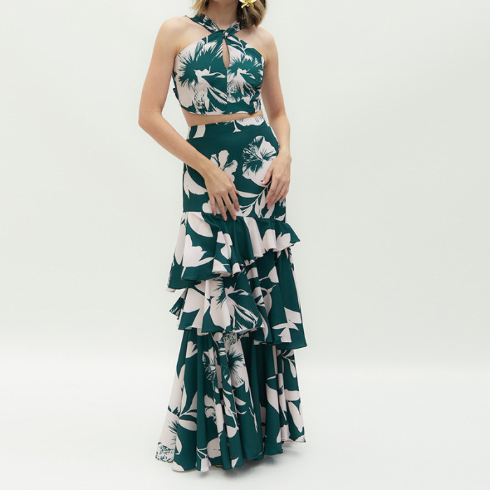 Women's Fashion Printed Navel Halter Top Long Skirt Two-Piece Set Wedding Guest Dress