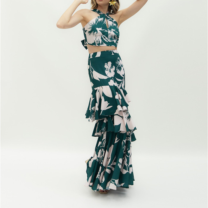 Women's Fashion Printed Navel Halter Top Long Skirt Two-Piece Set Wedding Guest Dress