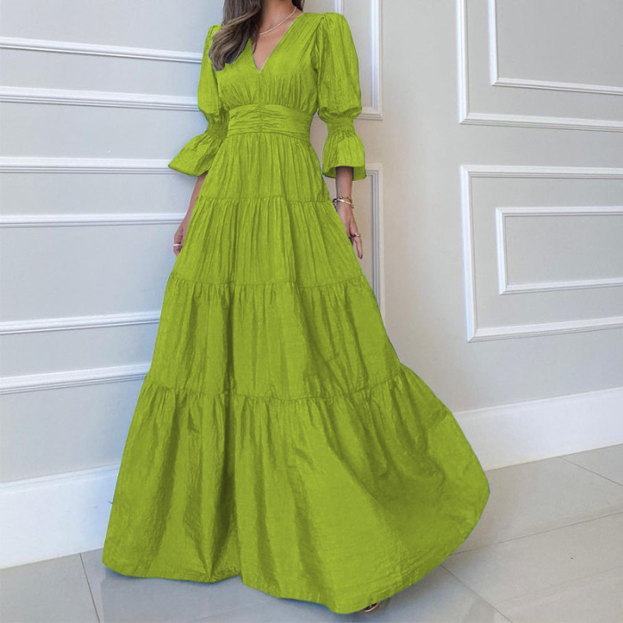 Women's Fashion Temperament Loose V-neck Solid Backless Wedding Guest Dress
