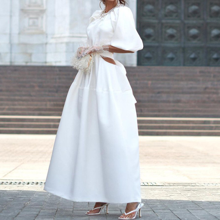 Fashion Sexy Elegant Party Solid Color Ties Open Waist Crew Neck Wedding Guest Dress
