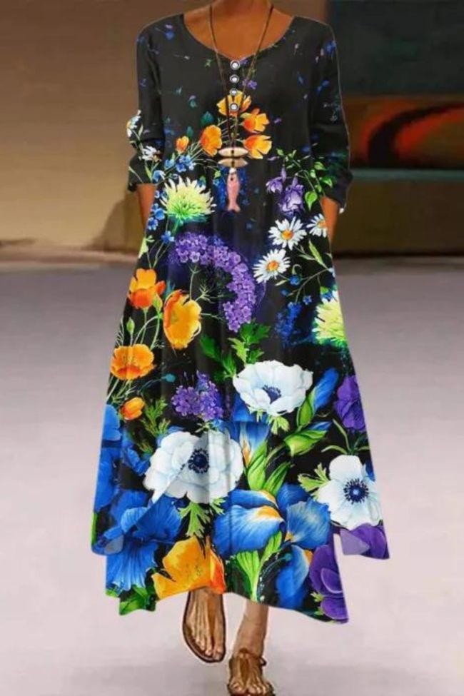 Women's Fashion Casual Pocket Hem Irregular Hem Long Sleeve  Maxi Dress