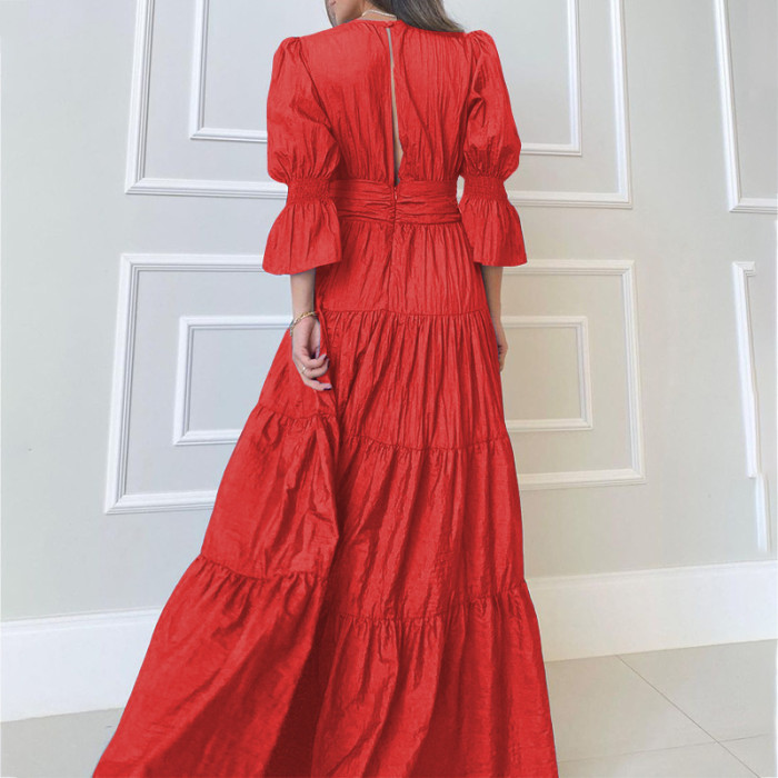 Women's Fashion Temperament Loose V-neck Solid Backless Wedding Guest Dress