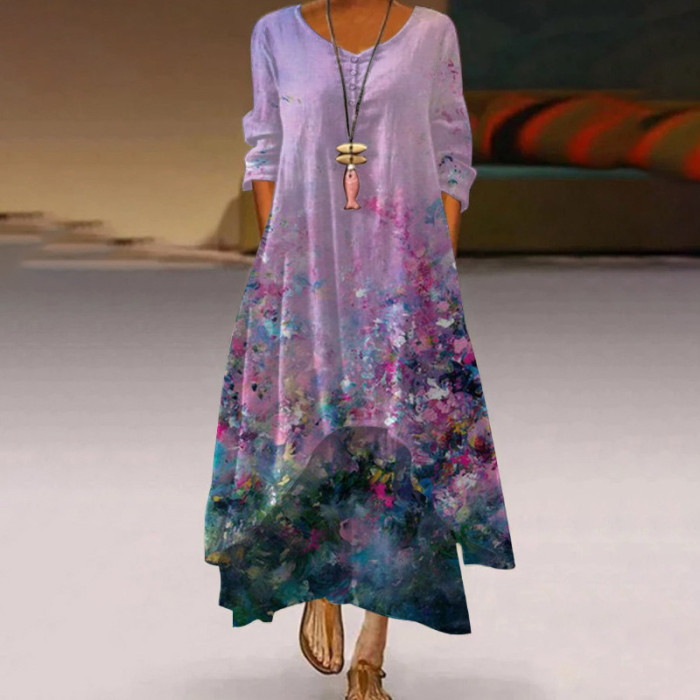 Women's Fashion Printed Loose Long Sleeve Irregular Casual Maxi Dress