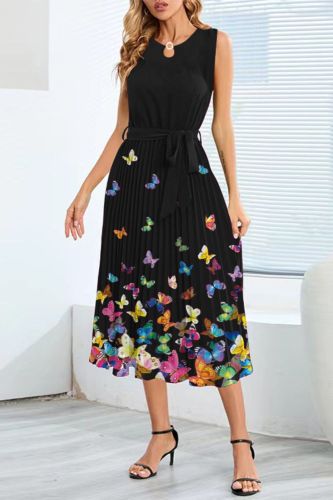 Fashion Sexy Belt Sleeveless Pleated Casual Maxi Dress