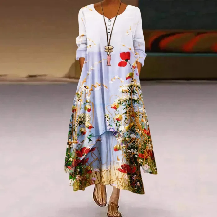Women's Fashion Casual Pocket Hem Irregular Hem Long Sleeve  Maxi Dress