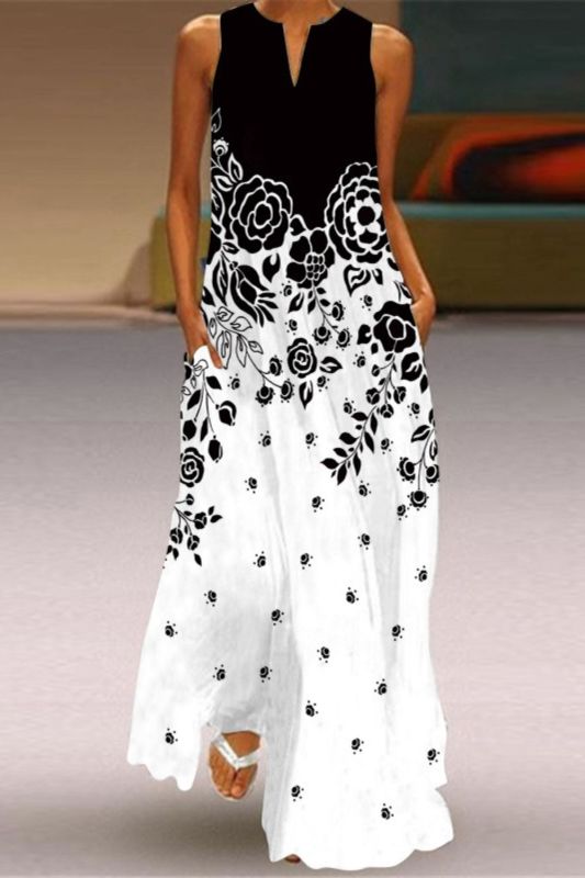 Vintage Print V Neck Multicolor Sexy Sleeveless Elegant  Maxi Dress
